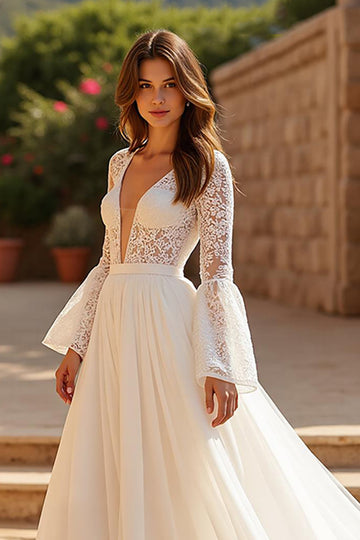 Chiffon V-Neck A Line Ivory Wedding Dress with Lace